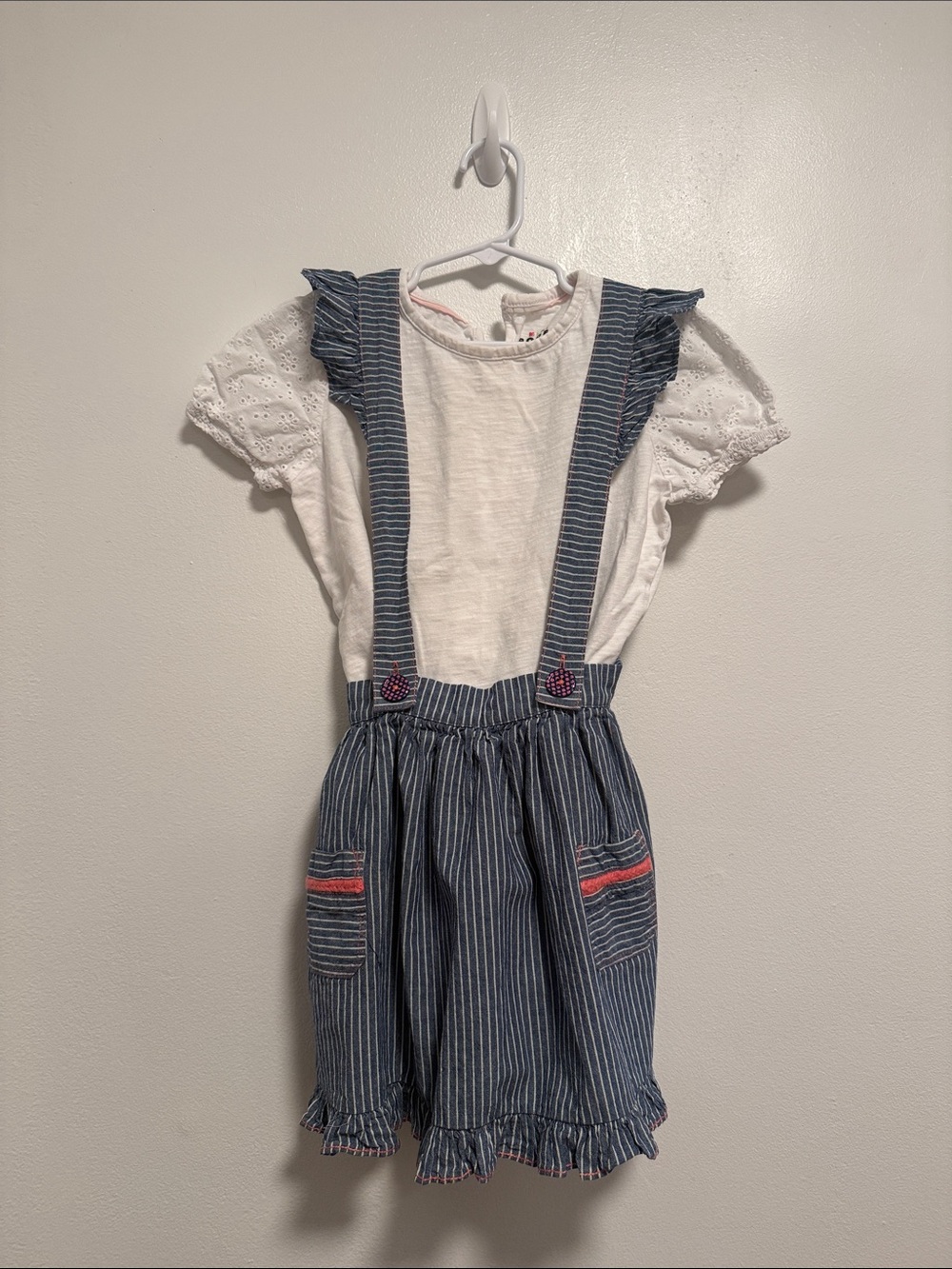 Matilda Jane White Eyelet Top with Blue Stripe Suspender Skirt